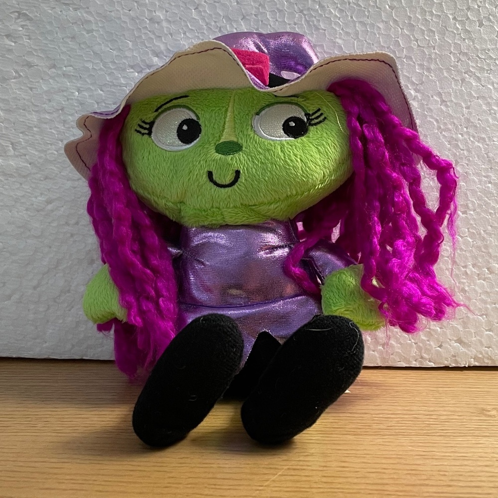 Dan Dee Witch Plush Green w Purple Yarn Hair Halloween Stuffed Animal Toy 10”